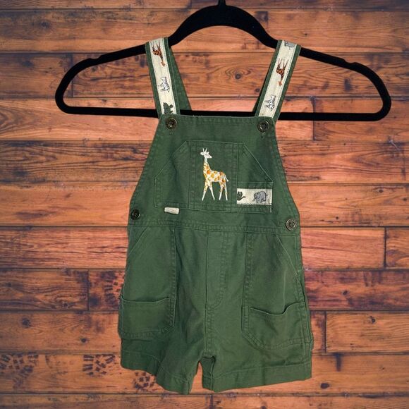 5 for $25🔥2T Olive Green Giraffe Print Shortalls Overalls - Picture 1 of 4
